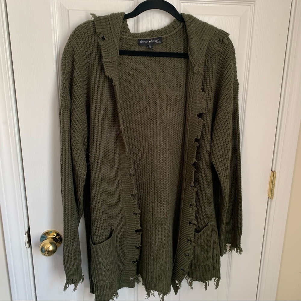 Derek Hearts Plus 2x Olive Green Distressed Cardigan Sweater